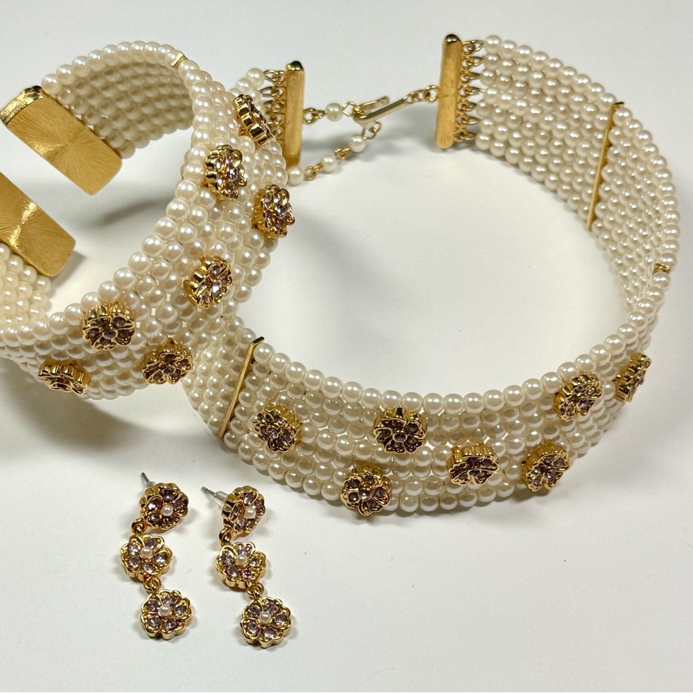 Faux Pearl Cuff, Choker and Earring Jewelry Costume set